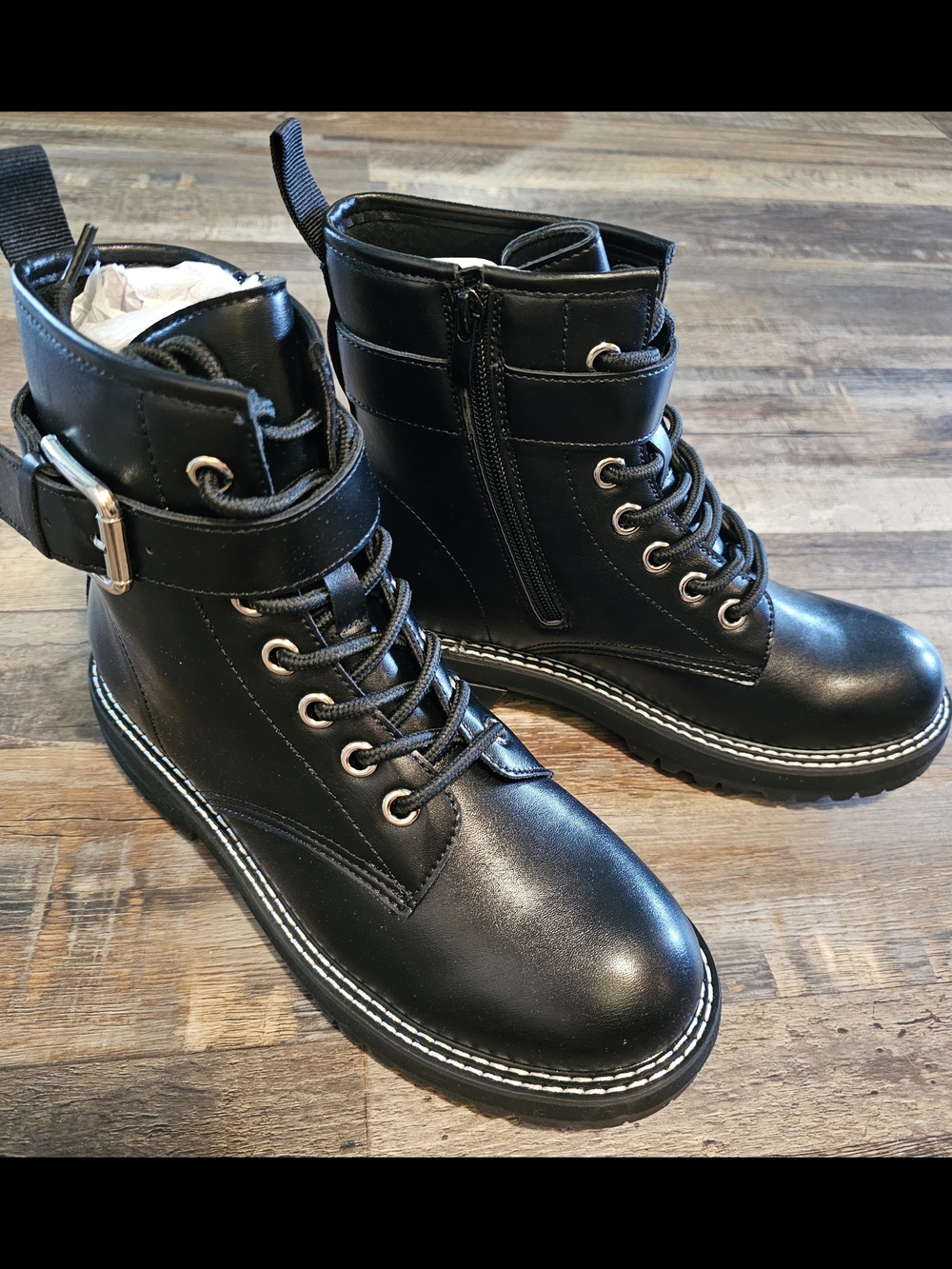 Black Lace-Up Ankle Combat Boots with Buckle Strap